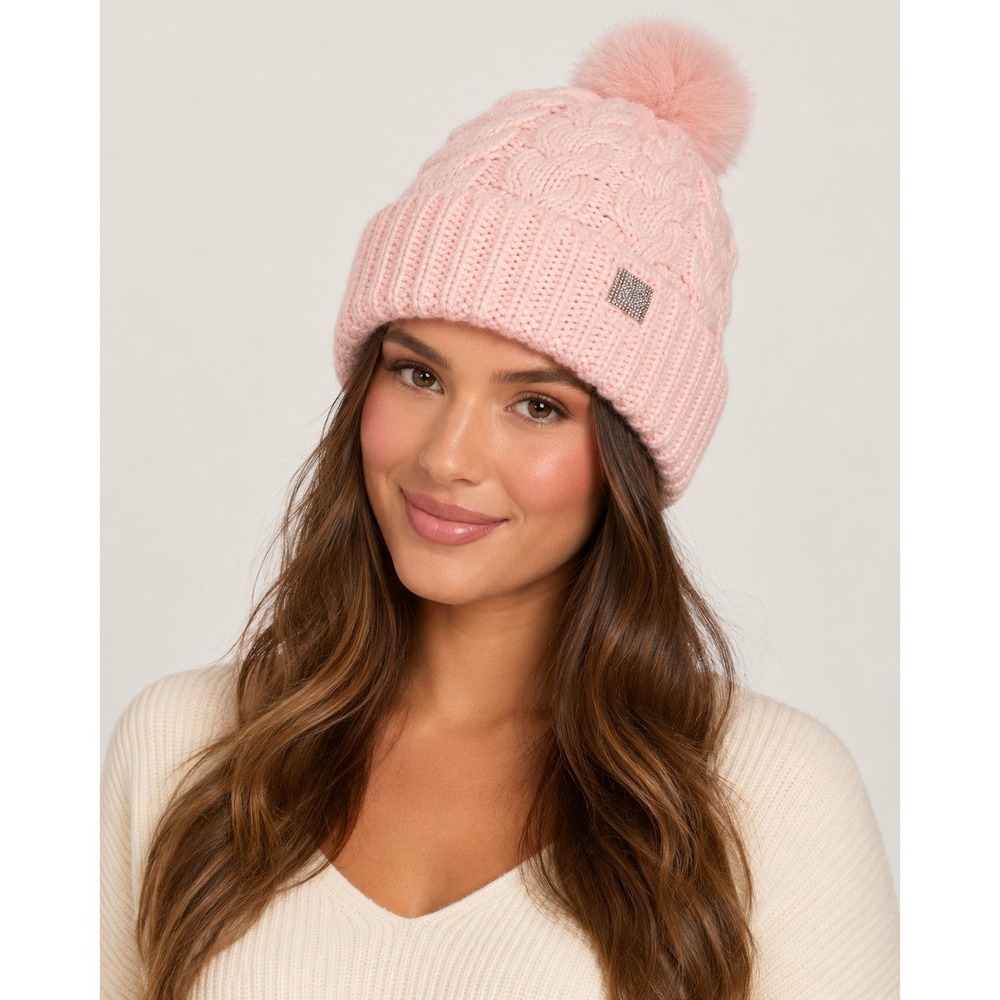 Victoria's Secret Beanie Hat Women's Pretty Pink Cozy Cable-Knit Pom NWT